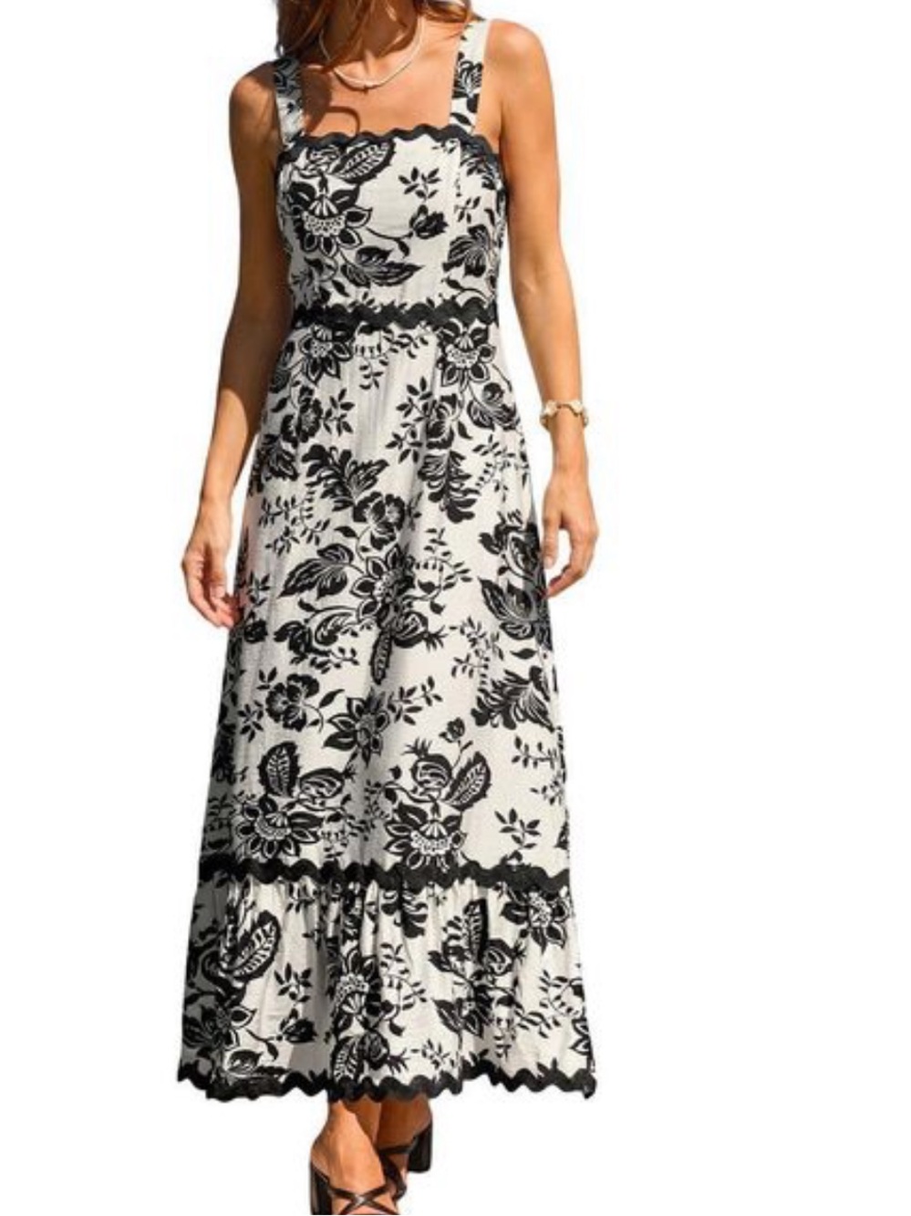 Cupshe Black & White Floral Lace-Trim Maxi Dress